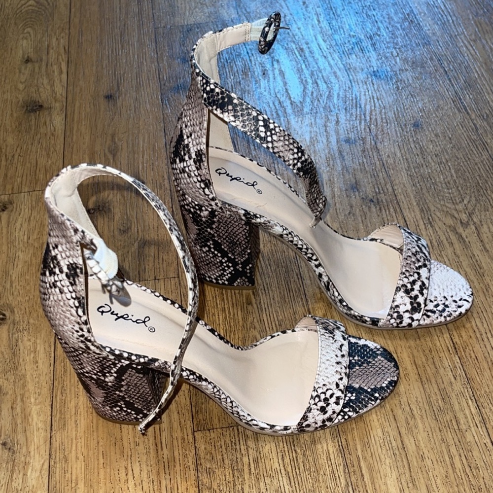 Qupid Snakeskin Open Toe Heels